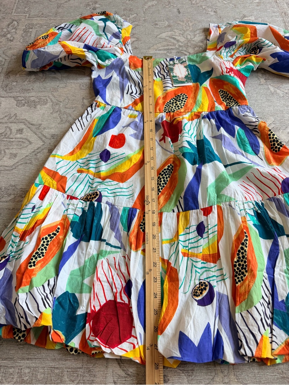 Oliphant Multi-Color bubble hem Puff Sleeve papaya Mini Dress S NEW - Picture 13 of 15